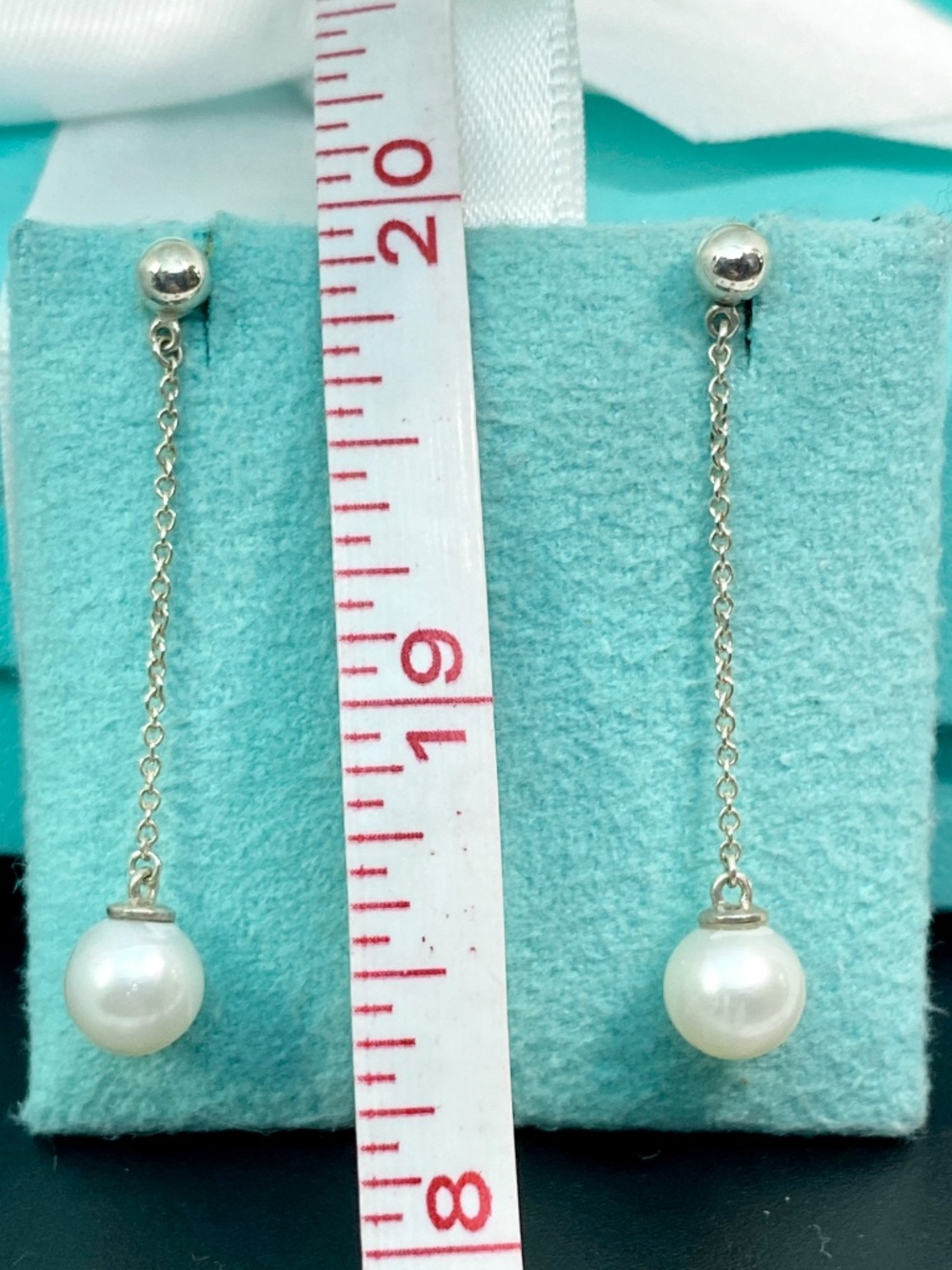 Tiffany & Co Ziegfeld Pearl Dangle Earrings Sterling Silver 6mm - Picture 5 of 6